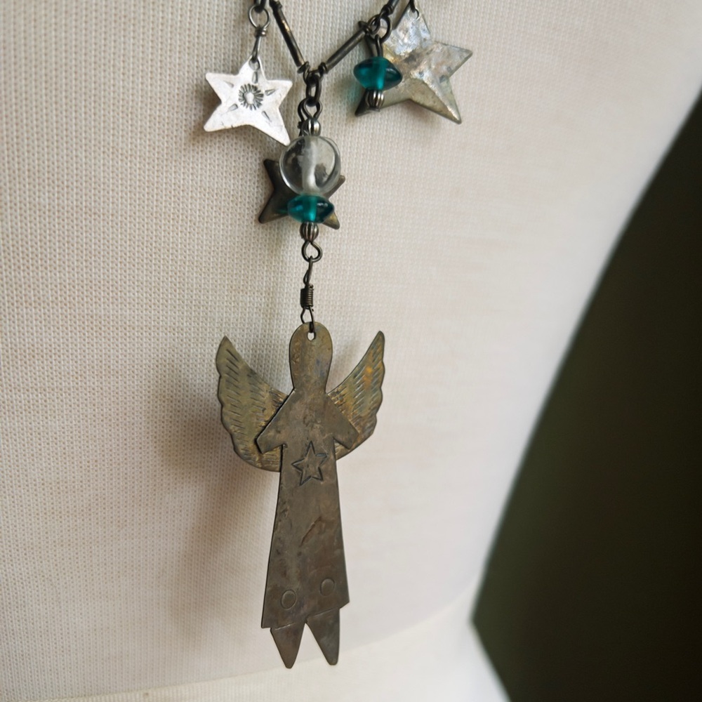 Vintage Angel Milagros Necklace, Handmade Celestial Charm Necklace - Picture 3 of 5